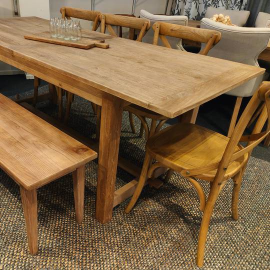 Farmhouse Dining Table Reclaimed Elm 2.1m + 5 Athena Antique Elm Cross Chair with Wooden Seat + Bench